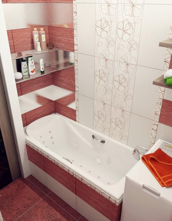 Nhà tắm nhỏ với họa tiết màu trắng và đỏ